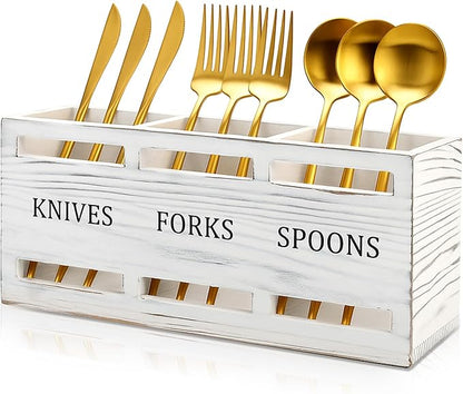Farmhouse Wooden Utensil Caddy Party Cutlery Silverware Holder Small Wood Utensil Holder for Kitchen Counter Decor Flatware Cutlery Organizer Table Flatware Silverware Caddy Spoon and Fork Organizer
