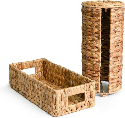 KOKODO Combo Water Hyacinth Tank Topper Storage Baskets - Woven Wicker Basket for Toilet Paper Holder, Baskets for Vanity, Bathroom, Pantry Organizing, or Coffee Table Decor