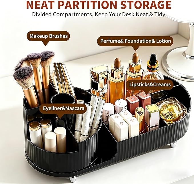 Makeup Organizer with 360° Rotating Brush Holder Cosmetic Storage for Cosmetics, Skincare, Perfume, Bathroom Vanity Desktop Organizer, Lotions Display Case (Black)