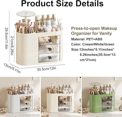 DASITON Makeup Organizer with 3 Drawers,Automatic Lifting Makeup Brush Holder with Lid,Large Capacity Makeup Organizers for Vanity,Bathroom Countertop,Ideal Storage Skin Care,Brushes,Lipstick (Cream)