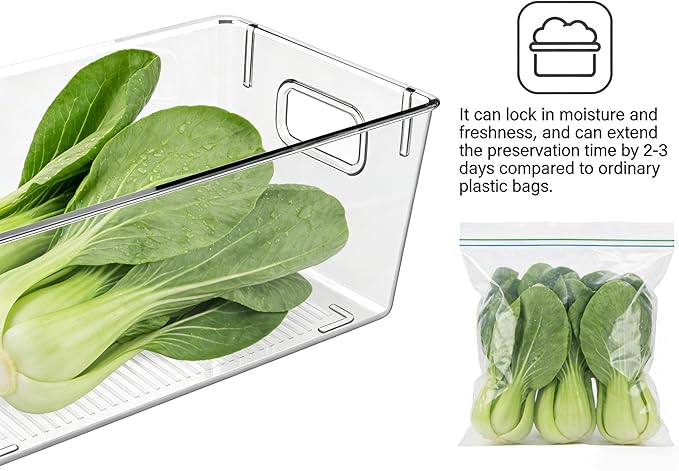 4 PCS Clear Plastic Storage Bins, Mixed Size (2 Large + 2 M) Pantry Organizer Containers with Easy-Grip Handles for Refrigerator, Kitchen, Cabinets, Countertops & Home Organization