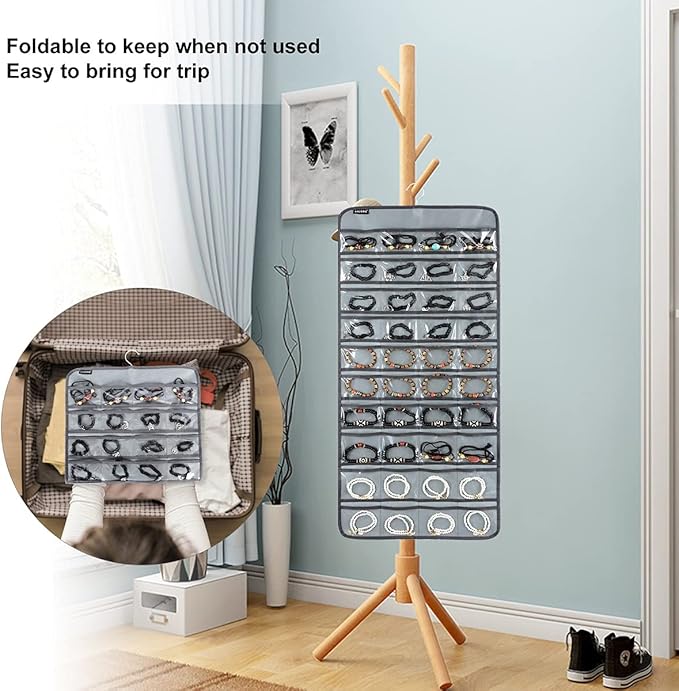 80 Pockets Hanging Jewelry Organizer for Holding Jewelries Dual-Sided Accessory Display Holder for Earrings Bracelets Rings (80 Pockets-Grey)