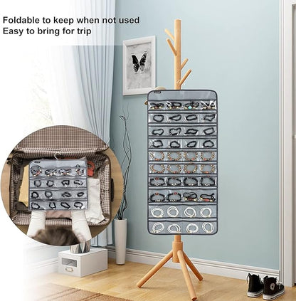 80 Pockets Hanging Jewelry Organizer for Holding Jewelries Dual-Sided Accessory Display Holder for Earrings Bracelets Rings (80 Pockets-Grey)