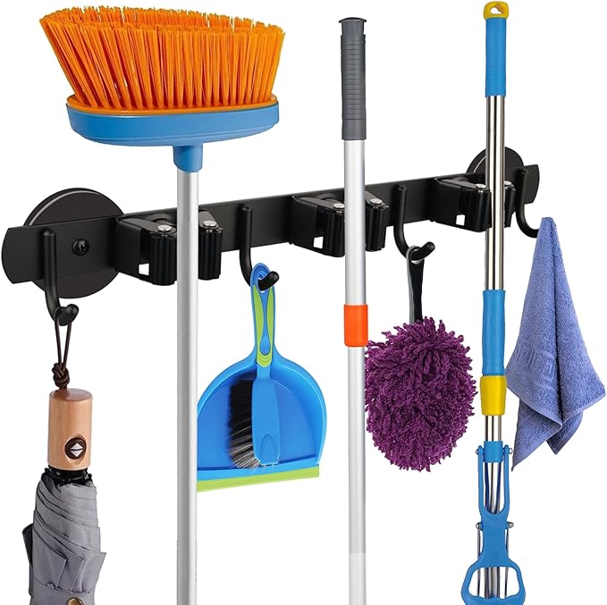 MUTUACTOR Magnetic Broom Holder,Anti-slip Heavy Duty Broom and Mop Hanger Metal Tool Holder 3 Racks and 4 Hooks for Laundry Garage Kitchen Factories Workshops Organization and Storage(1 Set)