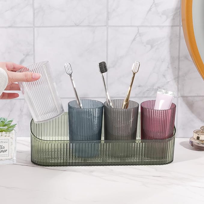 DASITON Makeup Brush Holder Organizer with 4 Cup, Vintage Striped Make Up Brush Holder for Vanity, Bathroom Toothbrush Holders, Acrylic Cosmetic Brushes Storage Organizer Pen Holder (Green+Multicolor)