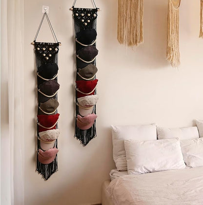 Ball Cap Hanger-1 Pack-Boho Macrame Cap Holder Wall Hat Organizer for Baseball Cap Holder Over Door, Hat Rack for Wall, Cap Rack for Decoration and Display（Black