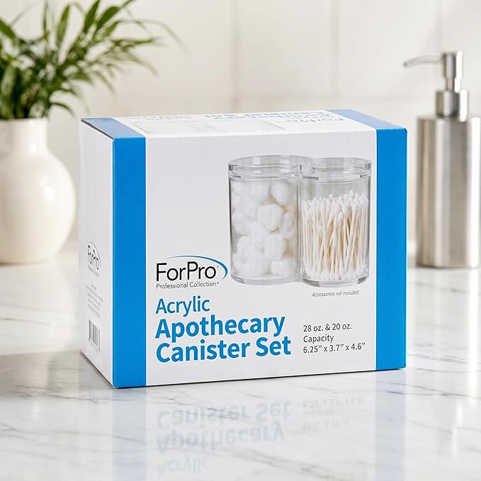 ForPro Clear Acrylic 2-Compartment Apothecary Jar with Lid, Shatterproof Qtip Holder & Cotton Ball Organizer, 28 Oz + 20 Oz Bathroom Vanity Canister for Kitchen, Office Decor, 6.25" x 3.7" x 4.6