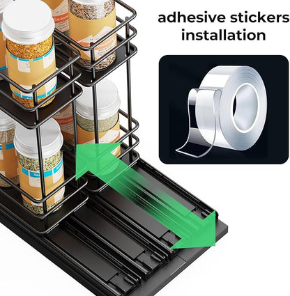 Mystozer Pull Out Spice Rack Organizer for Cabinet, Slide Out Spice Racks, Easy to Install Spice Cabinet Organizers, 5.28" Wx10.43 Dx8.26 H, 2 Drawers 2 Tiers(Black)
