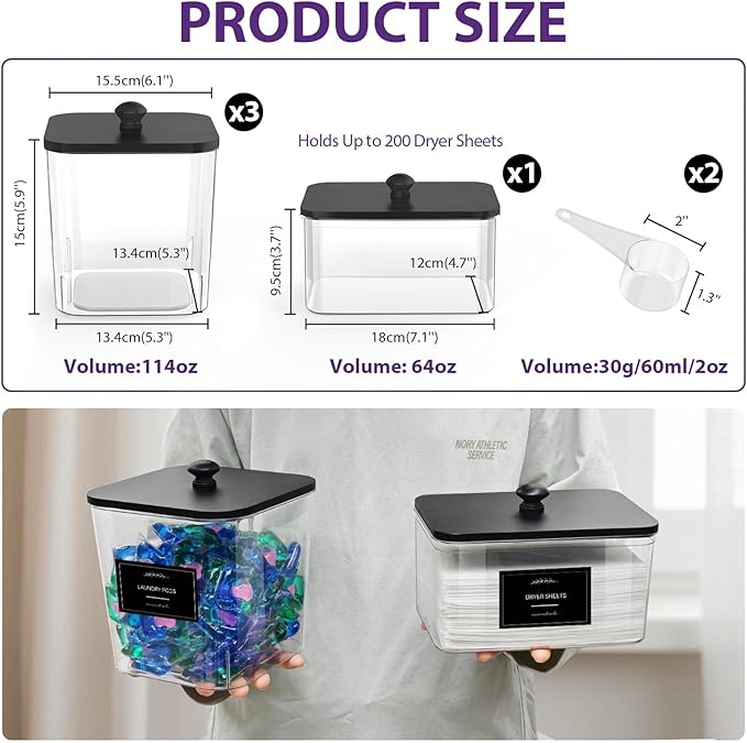 COAZEX 3+1 Pack Clear Laundry Pods Container & Dryer Sheet Holder, Plastic Square Laundry Room Organization and Storage Jars with Black Lids, Scoops & Labels for Detergent, Powder, Dryer Balls