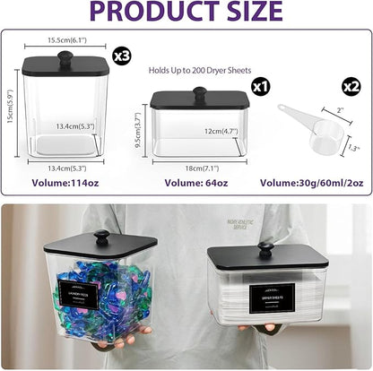 COAZEX 3+1 Pack Clear Laundry Pods Container & Dryer Sheet Holder, Plastic Square Laundry Room Organization and Storage Jars with Black Lids, Scoops & Labels for Detergent, Powder, Dryer Balls
