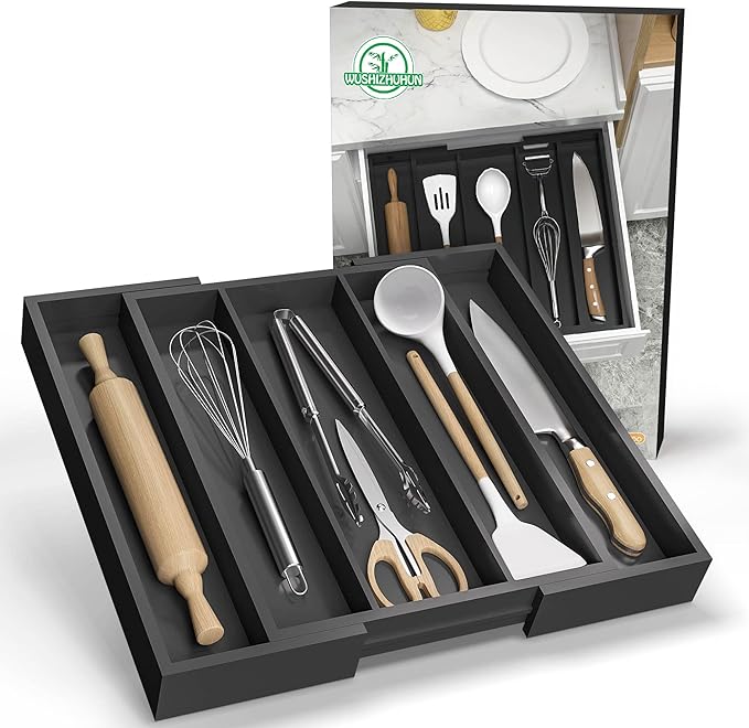 Kitchen Utensil Organizer Silverware Tray - Bamboo Flatware Organizer Expandable 5 Slots Multipurpose Silverware Organizer for Office Storage Garage Organization W13.7"-19.9" x L17.6" X H2.5" (Black)