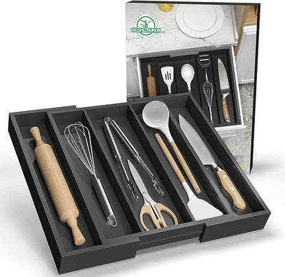 Kitchen Utensil Organizer Silverware Tray - Bamboo Flatware Organizer Expandable 5 Slots Multipurpose Silverware Organizer for Office Storage Garage Organization W13.7"-19.9" x L17.6" X H2.5" (Black)