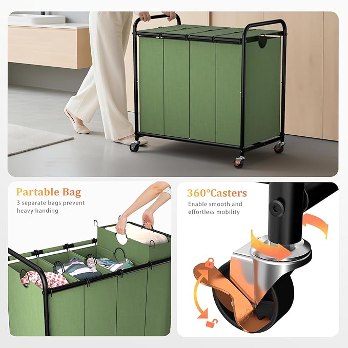 Laundry Sorter 4 Sections 48 Gal, Rolling Laundry Basket with Lockable Wheels and Lid, Laundry Hamper with 4 Separated Removable Bags Dirty Clothes Hamper for Laundry Room Organizer, Green