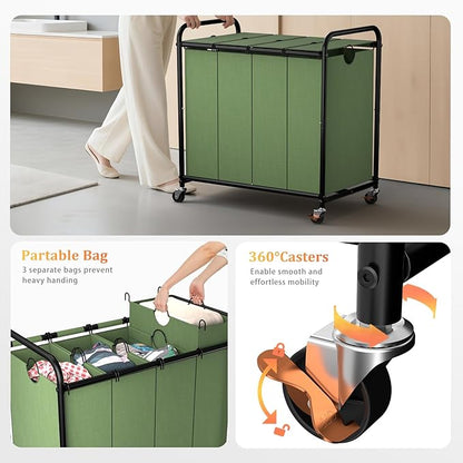 Laundry Sorter 4 Sections 48 Gal, Rolling Laundry Basket with Lockable Wheels and Lid, Laundry Hamper with 4 Separated Removable Bags Dirty Clothes Hamper for Laundry Room Organizer, Green