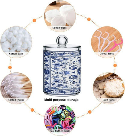Milk Cow Qtip Holder with Lid 2PCS Apothecary Jars Storage Containers, Clear Plastic Canister for Cotton Swab,Floss Picks, Cosmetics (Porcelain Floral Pattern, one sizex4)