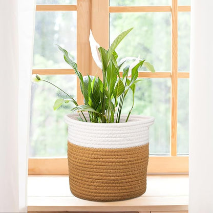 GLEAVI 2 Pack Woven Plant Baskets Indoor for 7 Inch Pots, Cotton Rope Planter Basket Set with Dual Tone Design, 7.9" Decorative Storage Bin Cover for Home Decor Organization