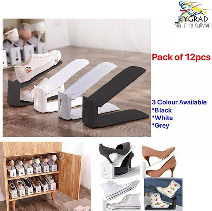 HYGRAD BUILT TO SURVIVE Shoe Slots Pack Of 12 Space-Saving Adjustable Shoe Storage Organiser with 3-Level Height, Non-Slip Shelf Holder, Plastic (Grey)