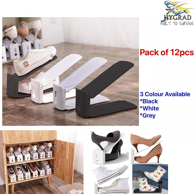 HYGRAD BUILT TO SURVIVE Shoe Slots Pack Of 12 Space-Saving Adjustable Shoe Storage Organiser with 3-Level Height, Non-Slip Shelf Holder, Plastic (White)