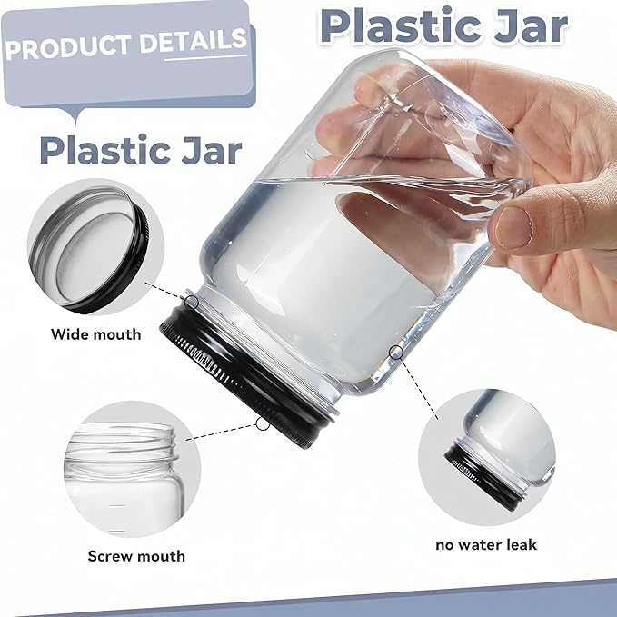 novelinks 16 oz Clear Plastic Jars with Lids, Refillable 16oz Mason Jars with Lids & Storage Containers for Kitchen & Household Use (24 Pack,Black)