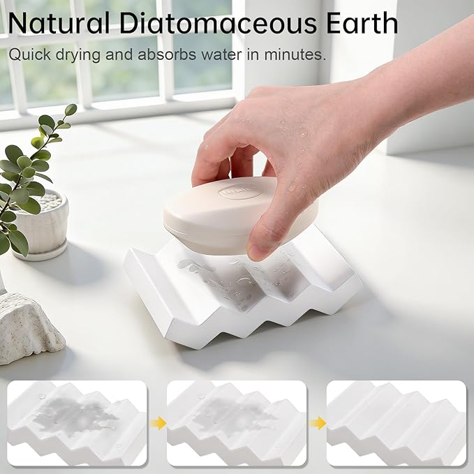 Self Draining Bar Soap Holder Diatomite Soap Dish Fast Drying Soap Saver Small Sponge Caddy for Shower, Bathroom, Kitchen Sink, White