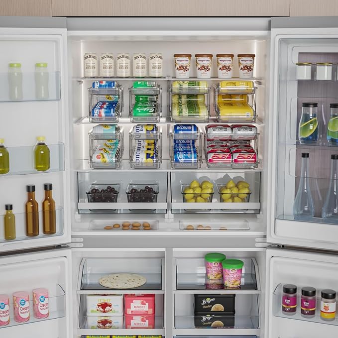 Xicennego Adjustable Soda Organizer for Refrigerator, Cabinets, Countertops - Beverage Dispenser for Standard, Skinny, Tall Cans (Blue)