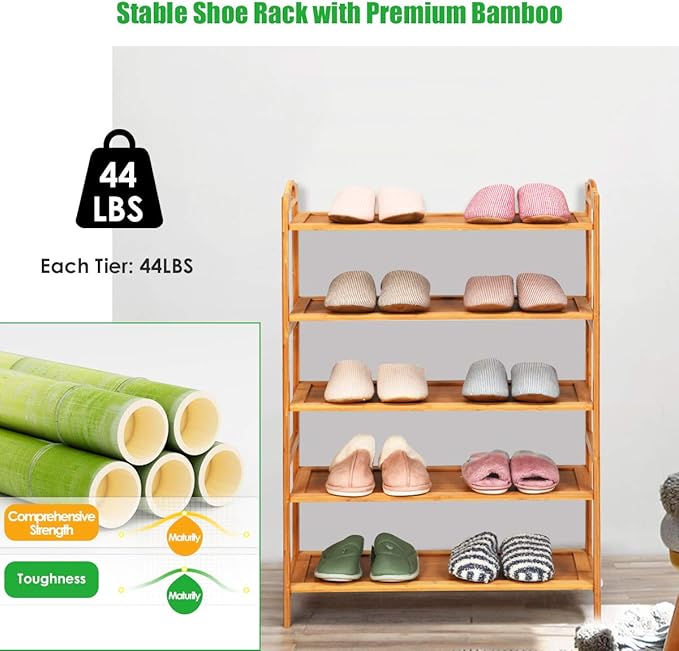 Giantex Bamboo Shoe Rack 5 Tier, Freestanding Shoe Rack with Two Rounded Handle for 15 Pairs, Entryway Standing Shoe Storage Organizer for Kitchen, Living Room, Entryway (5-Tier)