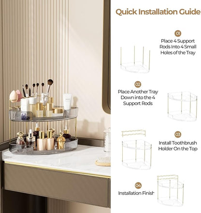 FELIZHOUSE 2-Tier Makeup Organizer for Vanity & Bathroom Countertop – Acrylic Storage Shelf with Perfume Tray & Makeup Brush Holder, Tool-Free Installation, Design for Bathroom & Dresser - Grey