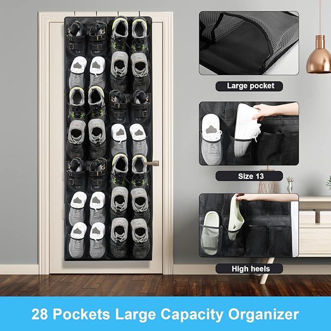 Over the Door Shoe Organizer 28 Mesh Pockets Hanging Shoes storage Shoe Rack for Closet Entryway Bedroom Bathroom Pantry Shoe Holder for Men Sneakers, Women High Heeled Shoes, flip flops