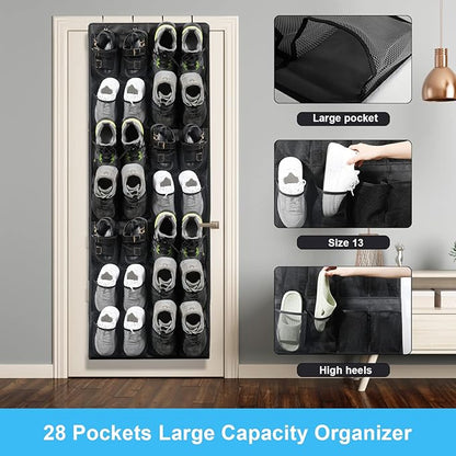 Over the Door Shoe Organizer 28 Mesh Pockets Hanging Shoes storage Shoe Rack for Closet Entryway Bedroom Bathroom Pantry Shoe Holder for Men Sneakers, Women High Heeled Shoes, flip flops