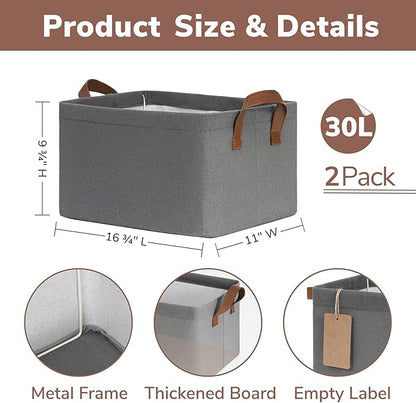 CHICVITA Storage Baskets Large Storage Bins for Organizing, Clothes Storage Bins, Closet Organizers and Storage, Small Laundry Basket for Shelves, 16 ¾" L x 11" W x 9 ¾" H, Grey, 2-Pack