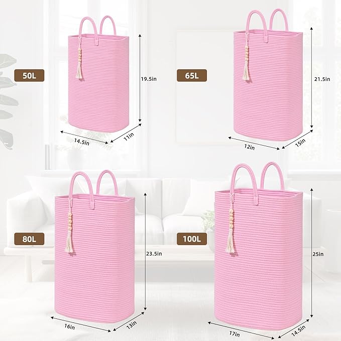 Woven Laundry Basket for Clothes, 65L Large Rectangle Laundry Hampers, Nursery Storage Basket for Toys, Tall Dirty Clothes Hamper for Bedroom Aesthetic, Bathroom, Laundry Room