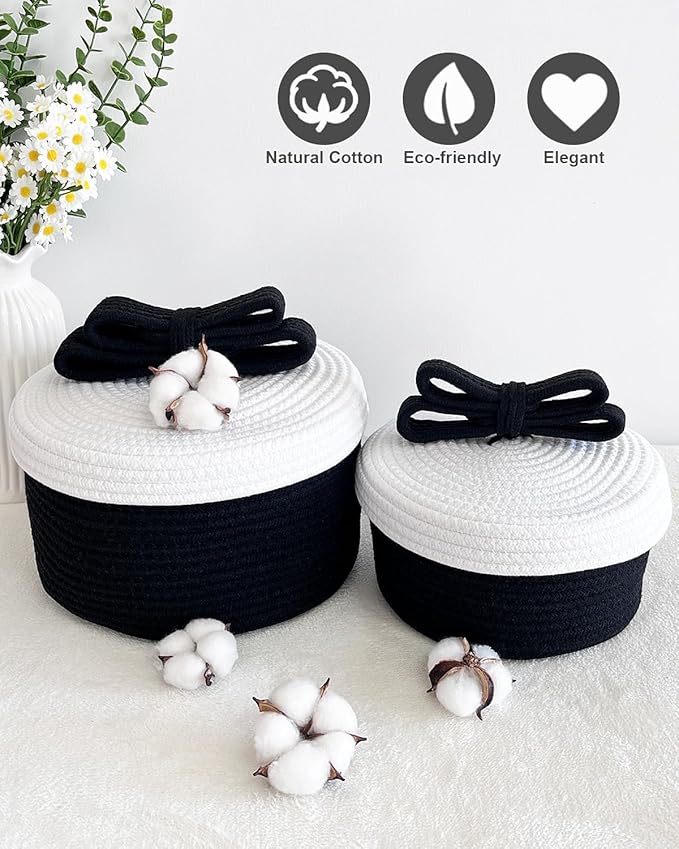 Decorative Storage Baskets with Lids, Small Woven Rope Basket with Lid, Decorative Basket for Home Decor, Dog Toy Storage Baskets with Cute Bow Handle, Black