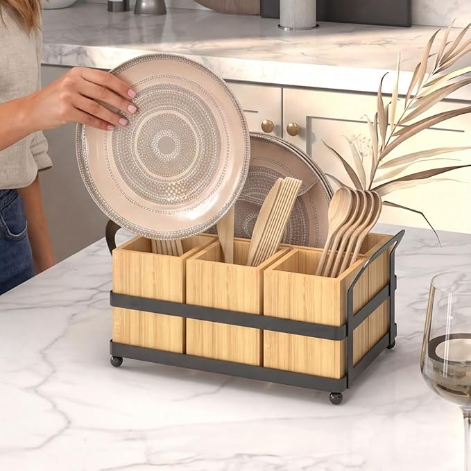 Silverware Caddy Wood Utensil Organizer Holder For Spoons Forks Plates Napkins Silverware Utensil Caddy Cutlery Flatware Box for Paper Plate Dispenser