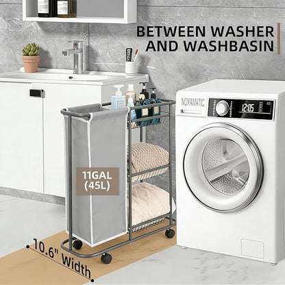 Rolling Laundry Sorter with 3 Storage Baskets and 45 L Bag, 3-Tier Laundry Caddy Between Washer and Dryer,Laundry Room Organization with Wheels and Handle for Narrow Space Bathroom Apartment Dorm