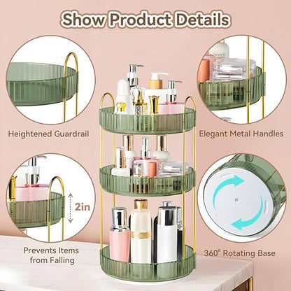 360° Rotating Makeup Organizer for Vanity, 3 Tier Perfume Organizers Skincare Organizers and Storage for Bathroom Countertop, Spinning Cosmetic Organizer for Bedroom Dresser Counter (Green)