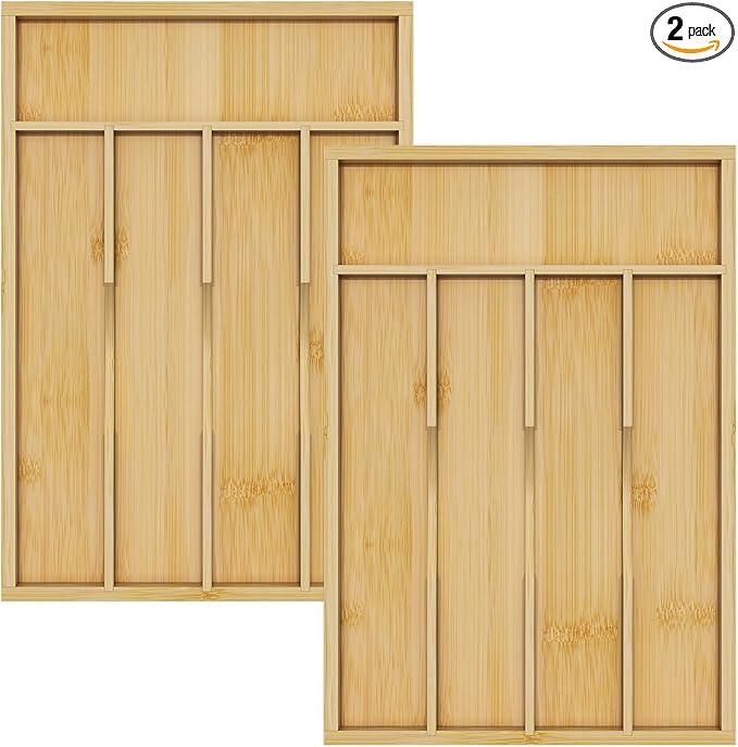 Youpehom Bamboo Utensil Organizer for Kitchen Drawers, Utensil Tray and Cutlery Silverware Holder,Wood Drawer Dividers with 5 Slots，2 pack