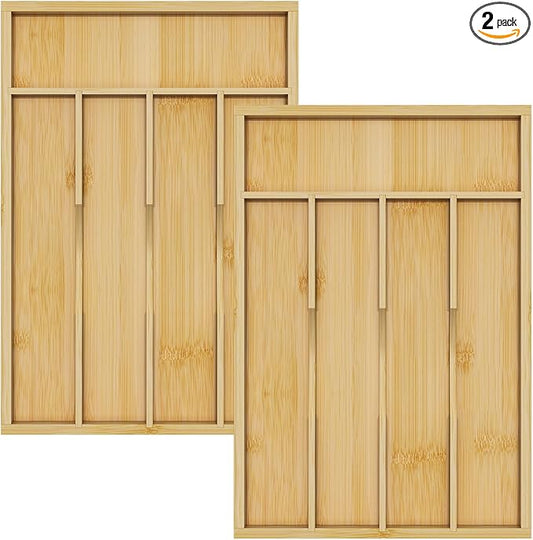 Youpehom Bamboo Utensil Organizer for Kitchen Drawers, Utensil Tray and Cutlery Silverware Holder,Wood Drawer Dividers with 5 Slots，2 pack