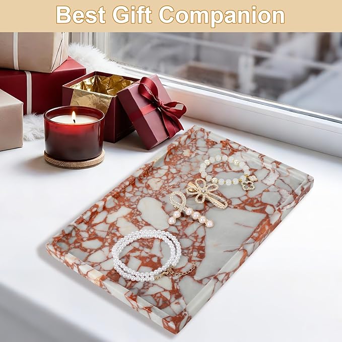100% Natural Marble Vanity Tray - Real Stone Storage Organizer for Bathroom/Kitchen/Vanity/Dresser, Countertop Tray for Perfume, Jewelry, Home Decor, 11.8 x 7.8 x 0.7 Inch