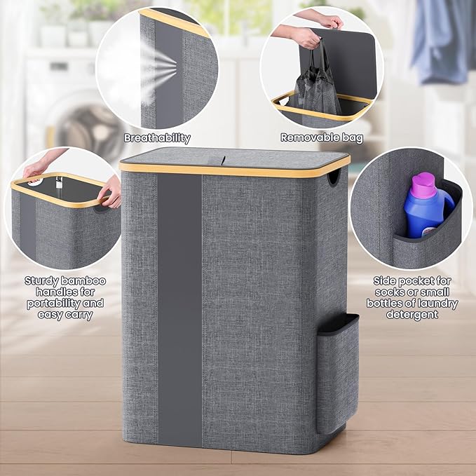 BlissTotes Laundry Basket with Lid, 80L Clothes Laundry Hamper with Handles and Removable Laundry Bag, Breathable Design Hamper with Lid for Bedroom, Bathroom, Dorm, Laundry Room - Light Grey
