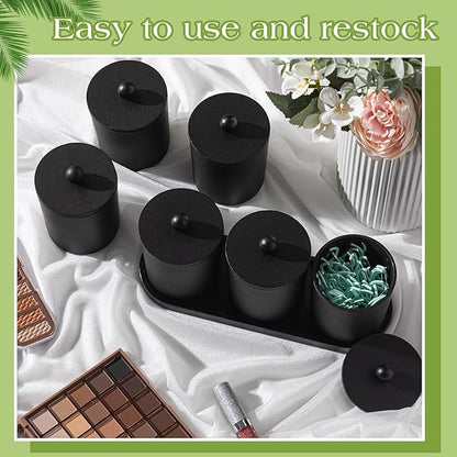 Chengu 6 Pack Cotton Swab Holder with Bamboo Lids and Trays and Labels Glass Round Swab Dispenser Cotton Ball Holder Glass Apothecary Jars Floss Pick Containers Bathroom Organizers(Black)