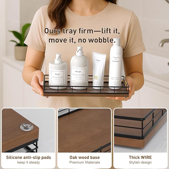 Toilet Paper Basket Organizer – Oak Wood Toilet Tank Tray with Metal Frame, Bathroom Counter Top Storage for Toilet Paper, Wipes & Decor, Modern Narrow Back of Tank Shelf Organizer, Black & Brown