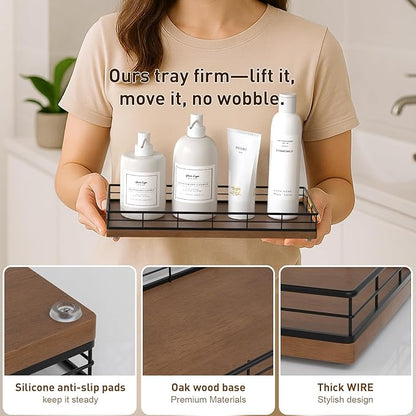 Toilet Paper Basket Organizer – Oak Wood Toilet Tank Tray with Metal Frame, Bathroom Counter Top Storage for Toilet Paper, Wipes & Decor, Modern Narrow Back of Tank Shelf Organizer, Black & Brown
