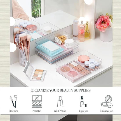 STORi SimpleSort 3-Piece Stackable Clear Drawer Organizer Set | 9" x 6" x 2" Rectangle Trays | Wide Makeup Vanity Storage Bins and Office Desk Drawer Dividers | Made in USA