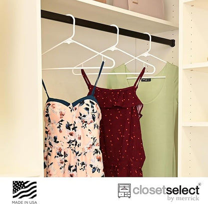 Homeselect 50 Pk Plastic Clothes Hangers Made in USA, No Shoulder Bumps, Space Saving, Hooks for Dresses and Strap, White, 6lb Capacity