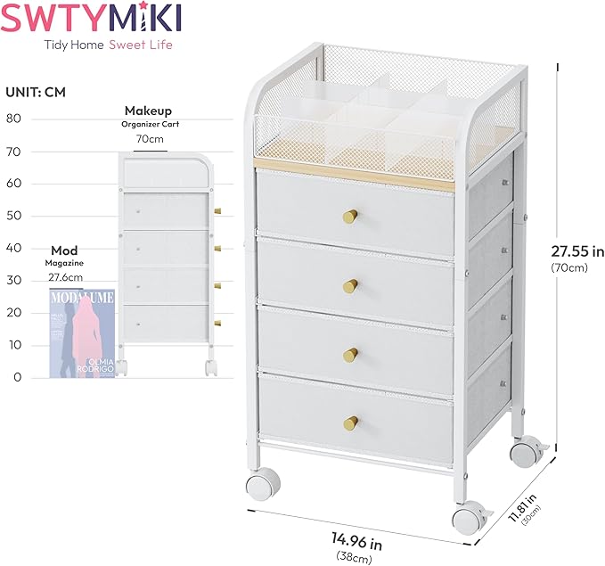 SWTYMIKI Rolling Makeup Organizer Cart - 14.96″*11.81″*27.55″ Widened Under Desk Vanity Storage with 4 Non-woven Drawers, Cosmetic Display Cases for Skin Care Perfume Nail Polish Brush Hair Tool White