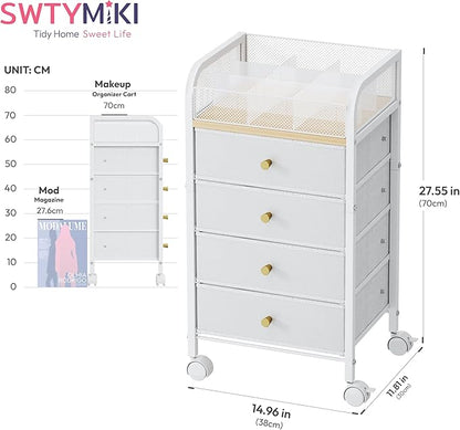 SWTYMIKI Rolling Makeup Organizer Cart - 14.96″*11.81″*27.55″ Widened Under Desk Vanity Storage with 4 Non-woven Drawers, Cosmetic Display Cases for Skin Care Perfume Nail Polish Brush Hair Tool White