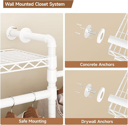 Wall Mounted Garment Rack, Walk-in Closet System with Expandable Rods, Adjustable Shelves, Industrial Pipe Clothing Racks, Hanging Clothes Organizers and Storage, Metal Closet Shelving Wardrobe