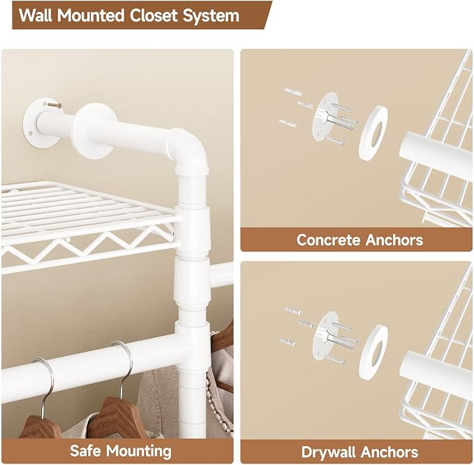 ComfyCorner Wall Mounted Garment Rack, Industrial Pipe Metal Clothing Rack with 6 Hanging Rods (4 Expandable) & 8 Shelves, Closet Organizers and Storage System for Bedroom, Walk in Closet