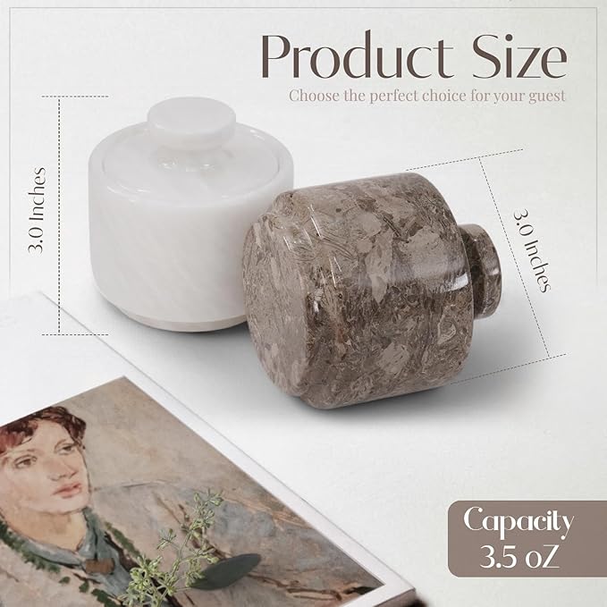 MARBLOUS KRAFTS Marble Salt Cellar with Lid 3" White and Oceanic Celtic Salt & Pepper Containers, Perfect for Home & Kitchen, Salt & Sugar Bowls, Spring Table Decor, Gift for Mom