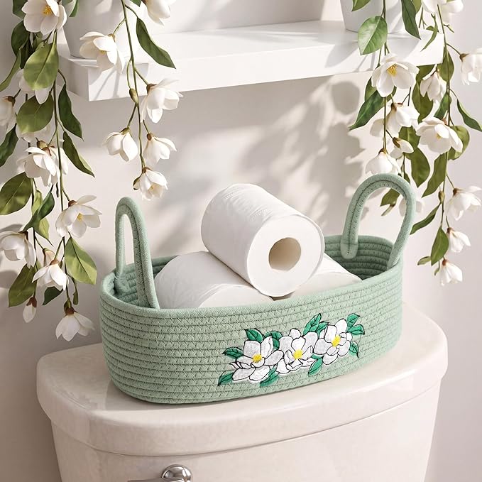 Vesici Magnolia Woven Storage Basket for Toilet Tank Top Boho Cotton Rope Bathroom Countertop Organizer Basket with Handle Green Bathroom Decor for Bedroom Nursery Toys Organizing, 13 x 6 x 4 Inch